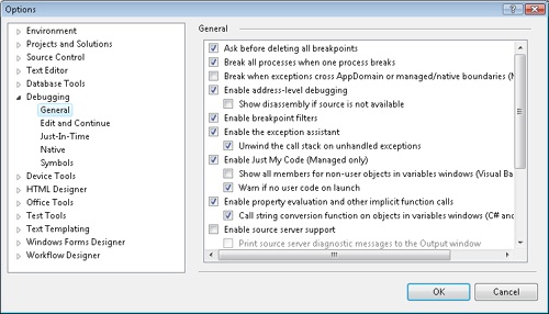 The General settings in the Debugging category of the Options window