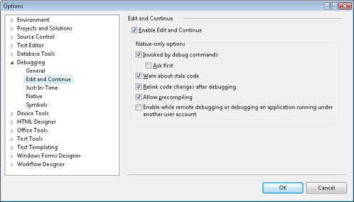 The Edit And Continue settings in the Debugging category of the Options window