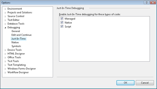 The Just-In-Time settings in the Debugging category of the Options window