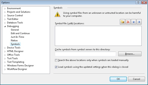 The Symbols settings in the Debugging category of the Options window