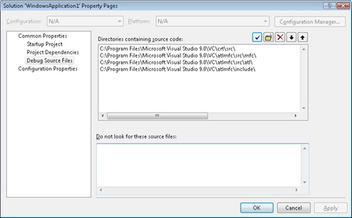 The Debug Source Files settings of the Solution Property Pages window