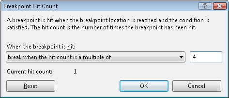 The Breakpoint Hit Count dialog box