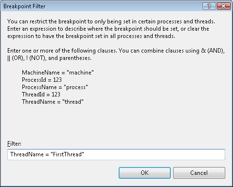 The Breakpoint Filter dialog box