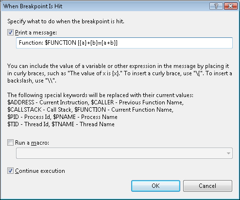 The Print A Message text box in the When Breakpoint Is Hit dialog box