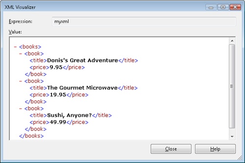 The XML Visualizer showing the corrected myxml string