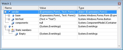 A Watch window with two parameters