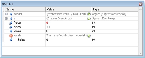 The Watch window with locala, localb, fielda, and fieldb values