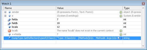 The DumpType.GetReflection expression in the Watch window