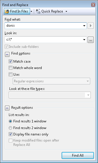 The Find In Files dialog box