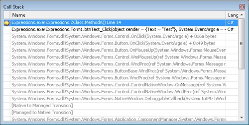 The Call Stack window with the Enable Just My Code (Managed Only) option disabled