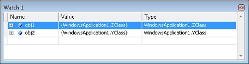 A view of the ZClass and YClass instances without DebuggerDisplayAttribute applied