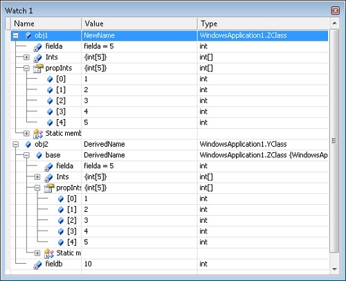 A view of ZClass and YClass types without DebuggerBrowsableAttribute applied