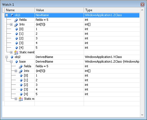 A view of ZClass and YClass types with DebuggerBrowsableAttribute applied