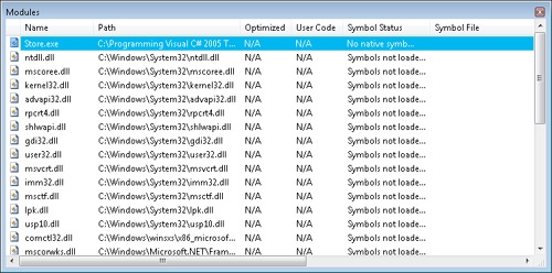 The Modules window for a dump