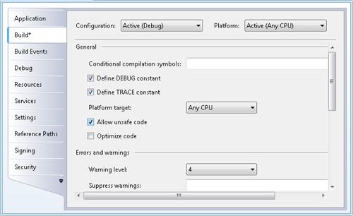 The Build tab of the <project> Properties window, with the Allow Unsafe Code option selected