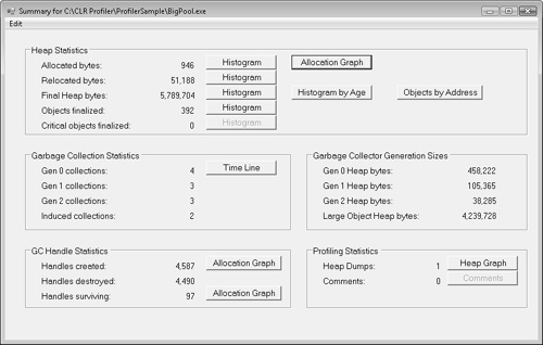 Summary of the managed heap for the BigPool application.