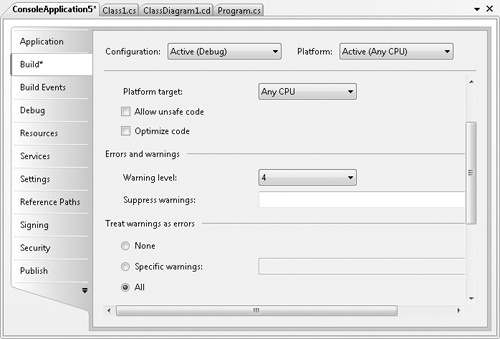 The Build pane with the Warning Level and the Treat Warnings As Errors options.
