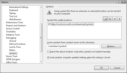 Enter the symbol path and the download cache in the Symbols pane.