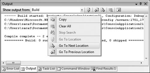 Tip 5.6: You can use F8 and Shift+F8 to navigate among errors in the Output window