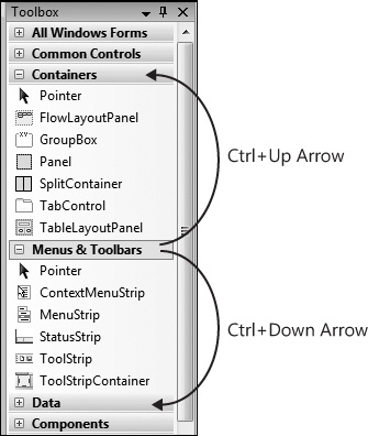 Tip 5.18: You can use Ctrl+Up Arrow and Ctrl+Down Arrow to move among the various control groups in the Toolbox