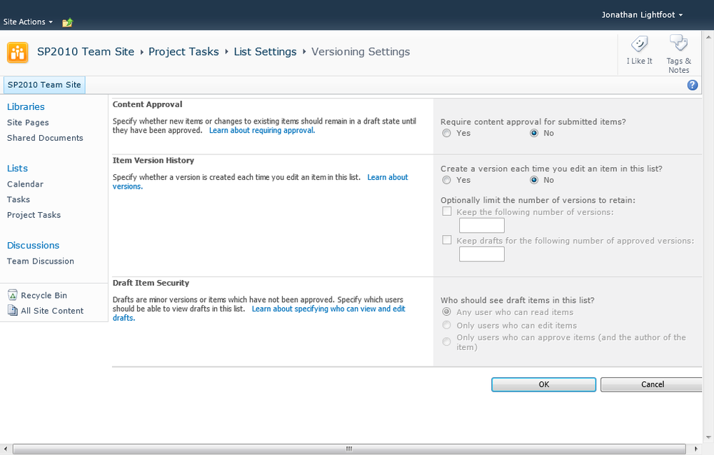 The Versioning Settings page.