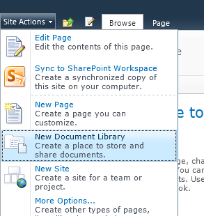 Click New Document Library on the Site Actions Tab to create your new library.