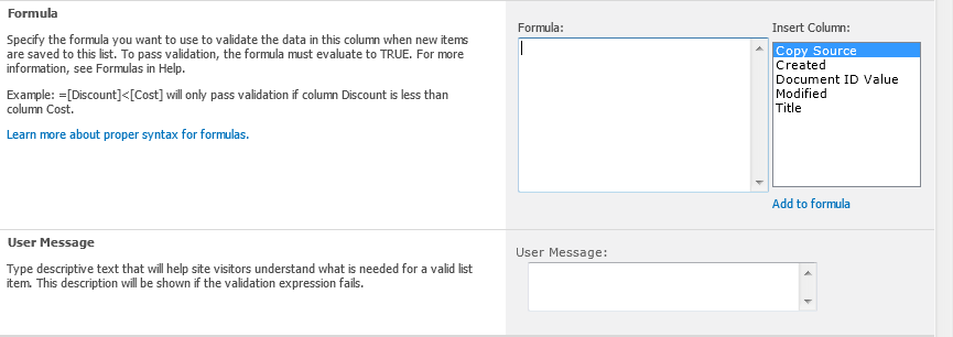 The List Validation Settings page, in which you can configure the validation settings of a SharePoint list or library.