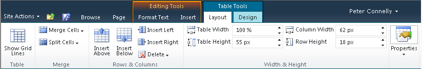 The Layout tab in Table Tools.