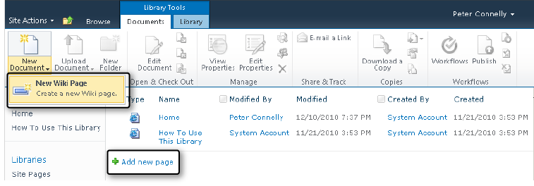 Creating a new wiki page by using the Documents tab on the ribbon.