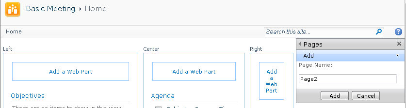 Creating a Web Part page on a Meeting Workspace.