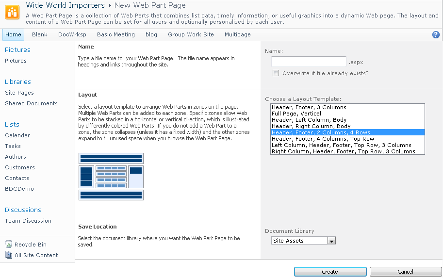 Choosing a Layout Template for a new Web Part page.