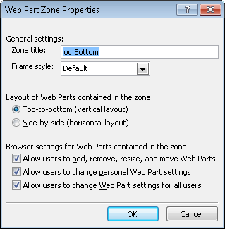 Web Part zone properties of the Bottom Web Part zone.