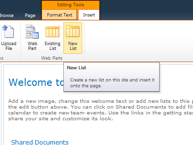 Click the New List button to create new list in the content area of the site.