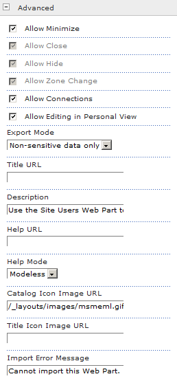 The Advanced section in Web Part Properties.