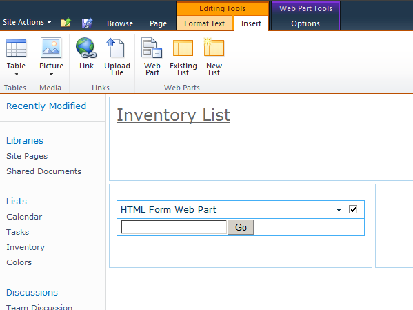 A basic HTML Form Web Part.