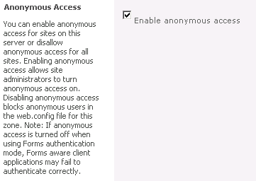 The Enable Anonymous Access check box must be selected before Site Collection administrators can enable anonymous access for Site Collections in this web application zone.