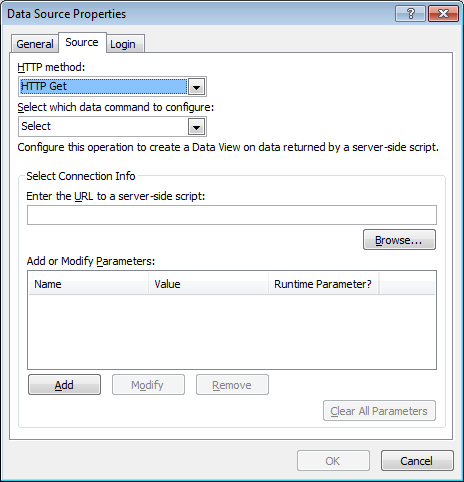 Use the Data Source Properties dialog box to define the location and data that you want to be returned from the external system.