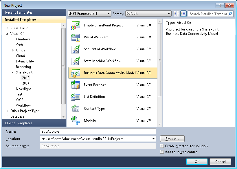 Creating a BDC Model Visual Studio project.