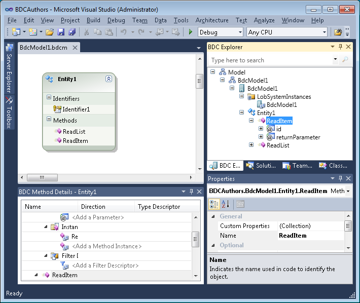 The Visual Studio workspace includes BDC-related task panes.