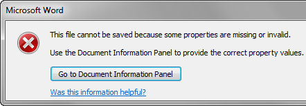 The dialog box that you see if metadata properties are missing when you save a document to the library.