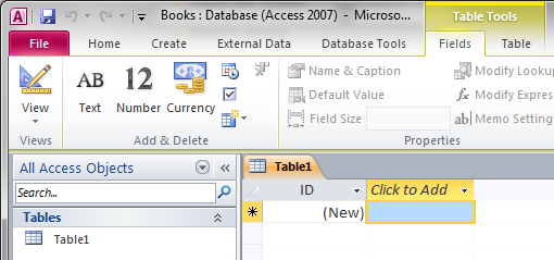 The new table (Table1) created by default.