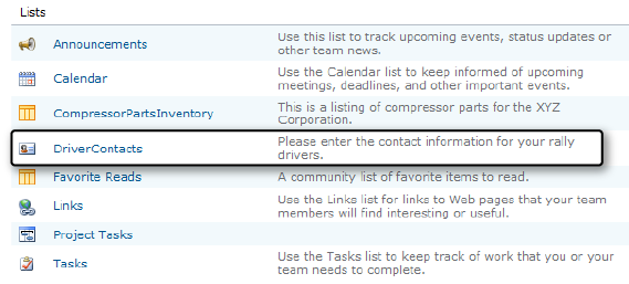 The DriverContacts list on the Lists page.