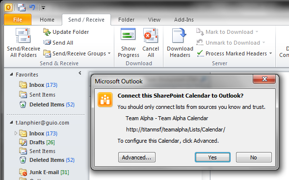 Completing the connection to Outlook.