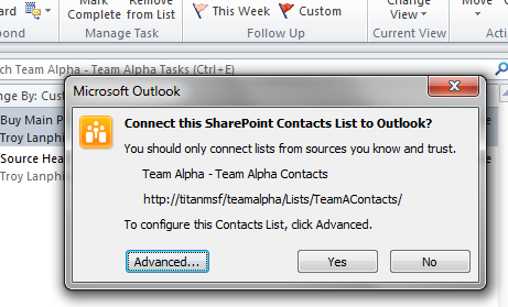 Connecting the contacts list to Outlook.