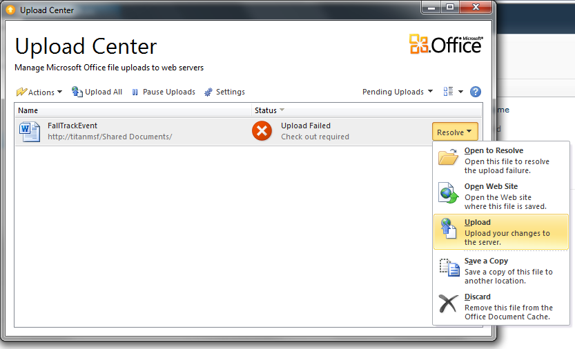 Click Resolve, and then choose Upload.