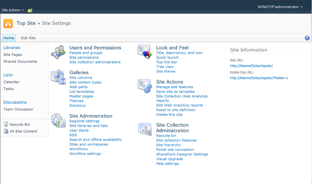 The Site Settings menu for the top-level site.