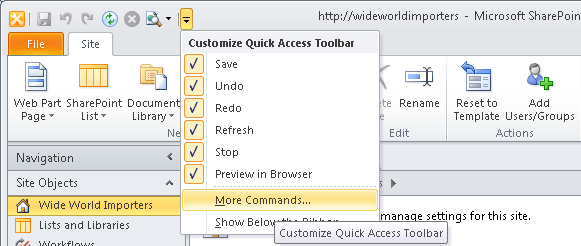 Adding a command to the Quick Access Toolbar via the Quick Access Toolbar.