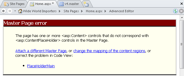 Content page displayed in SharePoint Designer, where the master page does not contain all the necessary content placeholders.