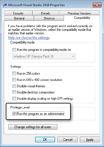 Configure the Visual Studio 2010 shortcut to run as administrator.