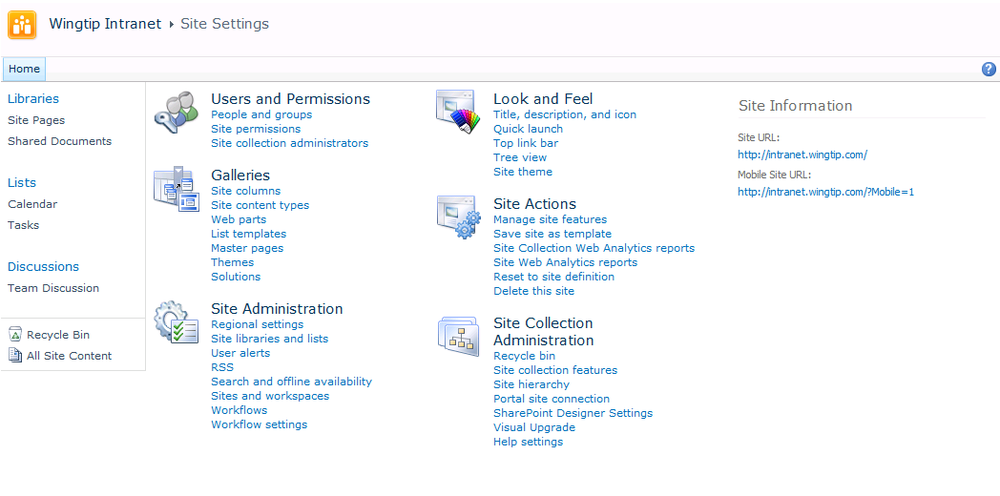 The Site Settings page is accessible to site administrators in any site.